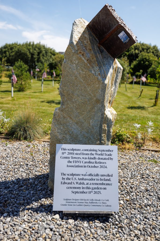 A sculpture in the Ringfinnan Garden of Remembrancethat contains steel recovered from the World Trade Centre. This steel was donated by the FDNY Carolina Retirees Association.