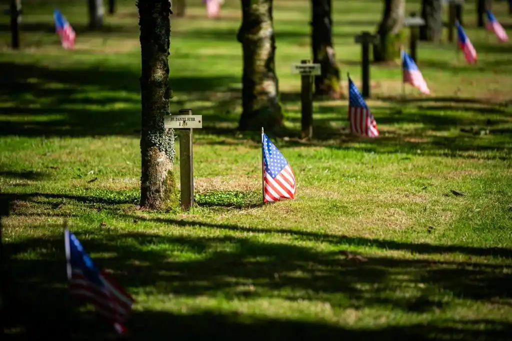 Memorial tree plaque for Firefighter Daniel Suhr with an American flag in the grass at Ringfinnan Garden of Remembrance.