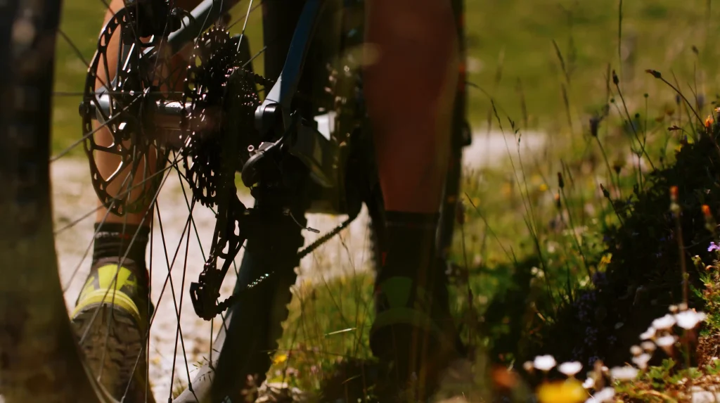 A close-up, low-angle photograph focusing on the rear wheel, cassette, and derailleur of a mountain bike. The rider's lower legs are visible, wearing black socks with green accents and dark cycling shoes. The bicycle is situated on a dirt path surrounded by green grass and small wildflowers, illuminated by bright sunlight.